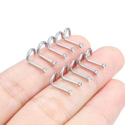 Hoeudjo Nose Studs Surgical Steel Cubic Zirconia Nose Rings Kit for Women Men Tiny Nose Stud Bone & Screw & L Shaped Nostril Piercing Jewelry 18/20/22/24 Gauge 10 Pieces - color: silver-tone,screw nose studs, size: 18g/2mm clear CZ
