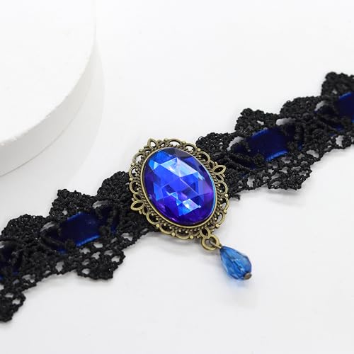AILUOR Punk Rock Wedding Party Handmade Black Lace Choker, Gothic Retro Lolita Beads Chain Vampire Pendant Necklace for Women Halloween - color: Blue