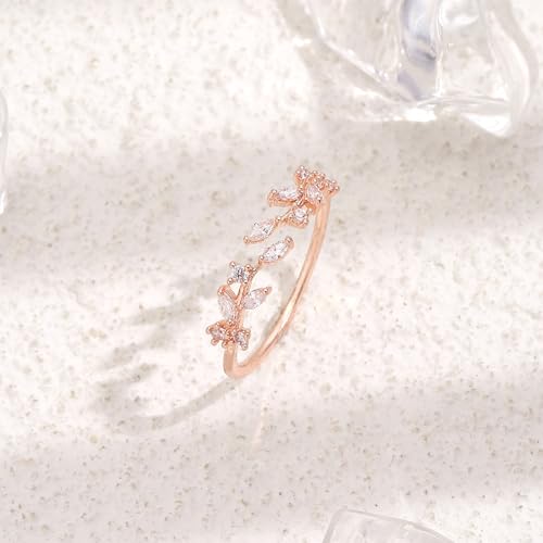 Gold Rings Non Tarnish Silver Adjustable Rings for Women Cubic Zirconia Leaf Ring Dainty Silver Stackable Ring for Women - style: rose gold