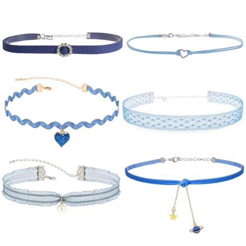 Nova&Aria Chokers Set For Women Heart Choker Necklaces Flower Pendant Velvet Cute Pink Turquoise Blue White Black Choker Necklace Christmas Colorful Lace Chokers - color: Blue