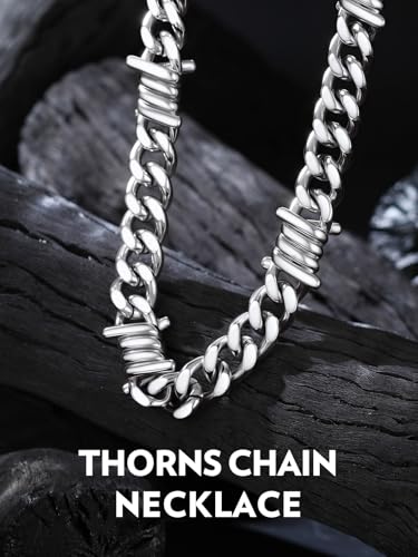 Bandmax Stainless Steel Barbed Wire Cuban Chain Necklace for Men & Women | Edgy Fierce Design, Waterproof & Tarnish Resistant, Silver/Black Tone, 5/7/9/12MM, 16-22 Inches, Street Punk Style Jewelry - color: B1 12MM-Silver, size: 20 Inch (51cm)