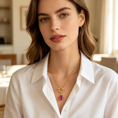 Teardrop CZ Pendant Paperclip Chain Necklace 18K Plated Paperclip Toggle Necklace Jewelry Birthstone Gift for Women - color: Ruby-July