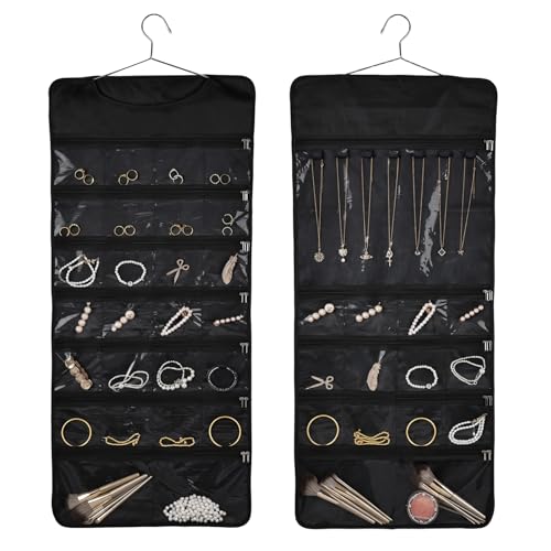 Hanging Jewelry Organizer Storage Roll 41 Pockets and 7 Necklace Hooks with Detachable Hanger Double-Sided Foldable, Travel Jewelry Holder for Earrings, Rings, Bracelets, Hanging on Closet, Wall, Door - size: 41 Dual Zippered Pockets