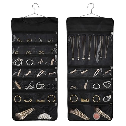 Hanging Jewelry Organizer Storage Roll 41 Pockets and 7 Necklace Hooks with Detachable Hanger Double-Sided Foldable, Travel Jewelry Holder for Earrings, Rings, Bracelets, Hanging on Closet, Wall, Door - size: 41 Dual Zippered Pockets