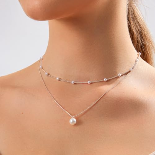Zeffy Gold Pearl Necklace for Women, Dainty 14K Gold/Silve Plated Layered Pearl Choker Pearl Earrings Pearl Bracelets Wedding Trendy Gold Jewelry Set for Women Gifts - style: Silver Pearl Necklace-2PCS