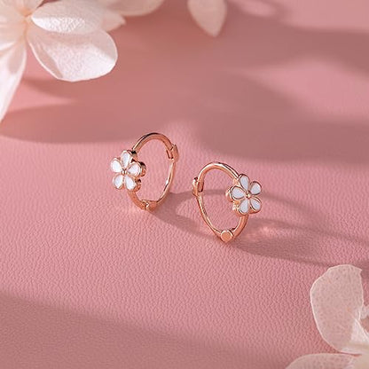 Reffeer Solid 925 Sterling Silver Flower Hoop Earrings Huggie for Women Teen Girls Daisy Hoop Earrings Cartilage Helix Earrings - color: C-Rose Color