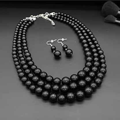 Chunky Layered Imitation Pearl Necklace for Women 3 strand Pearl Necklaces Faux Pearl Necklace Earrings Set 1920s Flapper Gatsby Costume Accessories - color: 3 strand pearl necklace Black