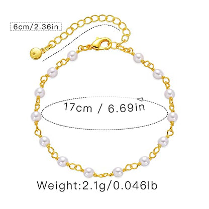 Dainty Gold Bracelets for Women, 18 Gold Plated Adjustable Evil Eye/Butterfly/Beaded/Pearl/Heart/Turquoise Handmade Bracelet for Women - style: Pearl Link