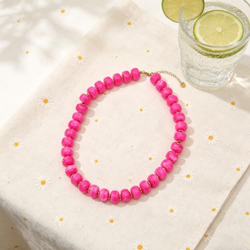 Chunky Colorful Beaded Necklace for Women Boho Summer Statement Resin Choker Necklaces Beach Jewelry Accessories - color: Hot Pink