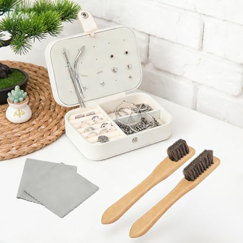 4 Pcs Horsehair Detail Brush Set, 2 Sizes Horsehair Silver Cleaning Brushes + 2 Pcs Polishing Cloth for Silverware, Silver Polish Set for Silverware Plateware Jewelry Sterling Cutlery Metal - size: 2Brushes+2Polishing Cloth