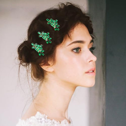 Bridal Crystal Hair Piece with Comb 3 Pieces Small Rhinestone Wedding Gold Hair Pins Accessories for Women Girls (Green) - color: Green