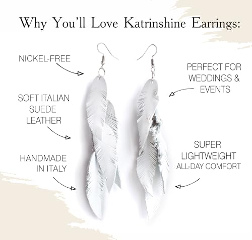 Leather Feather Earrings, Suede layered earrings, boho wedding jewelry, summer earrings, gift for her, dangle earrings - color: white