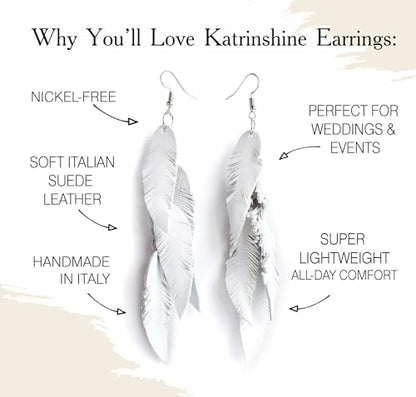 Leather Feather Earrings, Suede layered earrings, boho wedding jewelry, summer earrings, gift for her, dangle earrings - color: white