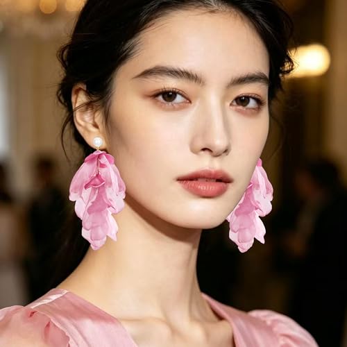 Handmade Bohemian Lightweight Fabric Flower Dangle Drop Earrings Chic Pearl Large Tassel Petal Stud Earrings For Women - color: Pearl Dark Pink