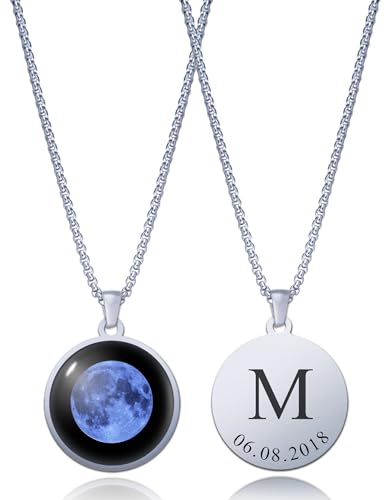 Custom Moon Phase Necklace Gift for Birthday | Personalized Name and Special Date Engraved Pendant with Gift Box, Handmade Jewelry for Birthday, Anniversary, or Memorial - style: Initial & Date