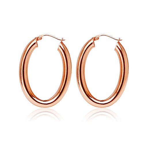 Hoops & Loops 925 Sterling Silver 4.5mm Thick Oval Diamond-Cut Hoop Earrings, 25mm 30mm, Silver, Yellow Gold, Rose Gold & Black - color: Rose Gold 25mm-1''