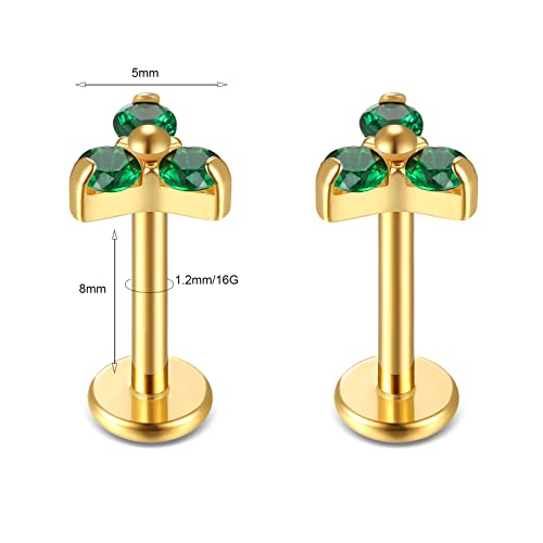 BelezaDosas G23 Titanium Labret Studs 16G Threadless Push-in Press Fit Lip Cluster Tragus Helix Lobe Conch Rook Medusa Cartilage Monroe Earring Push Back Piercing Jewelry - color: 16g8mm tri gd gr