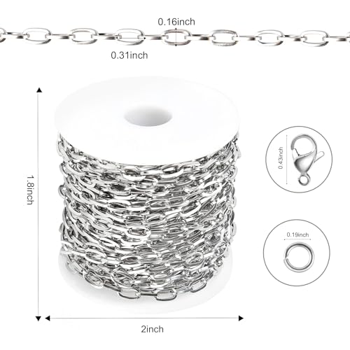 Kyutong 32.8 Feet Flat Oval Paperclip Jewelry Chain Link for Crafting | Stainless Steel Necklace Making Chain 8mm Oval Cable Chain Spool for Necklace Bracelet Crafts - color: Oval Paperclip Silver
