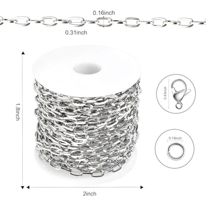 Kyutong 32.8 Feet Flat Oval Paperclip Jewelry Chain Link for Crafting | Stainless Steel Necklace Making Chain 8mm Oval Cable Chain Spool for Necklace Bracelet Crafts - color: Oval Paperclip Silver