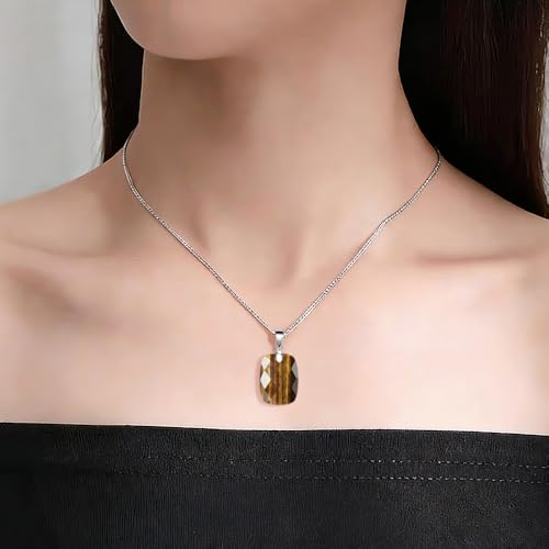 iSTONE 925 Sterling Silver Natural Crytral for Womens Pendant Necklace, Gemstone Birthstone with 17.8" Silver Chain Ladies - color: Rectangle - Tiger's Eye
