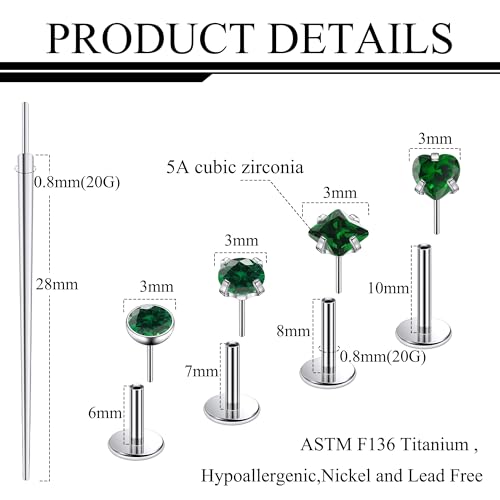 Ruifan Titanium Flat Back Lip Rings Threadless Push in Earrings Studs Nose Rings 20G 18G 16G Round Heart Square CZ Tragus Cartilage Lobe Rook Helix Conch Labret Medusa Piercing Jewelry for Women Men - color: Green CZ, size: 20G-6/8/10mm