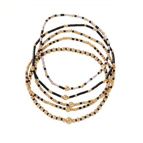 14K Gold Plated Beaded Bracelets Stack Set for Women,Stretch Boho Ball Jewelry Friendship Trendy - color: Gold Black Beaded
