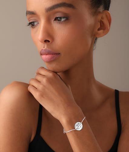 LeCalla 925 Sterling Silver Hammered Link Bracelets for Women | Handmade Bohemian Textured Chain & Oval Link Bracelet | Women's Adjustable Paperclip, Circle & Oval Hammered Bracelets - color: Hammered Disc