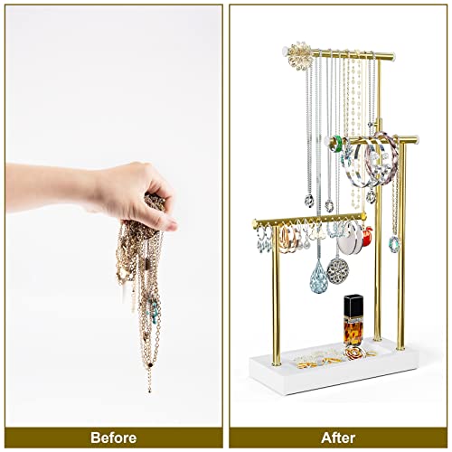 SRIWATANA Jewelry Organizer Display Extra Tall Necklace Holder 3 Tier Jewelry Tree Stand, Gift Idea (White & Gold) | Modern Luxury Jewelry Tree with Wood Base Tray; Ideal to Organize Long Necklaces, Earrings, Rings - color: White & Gold