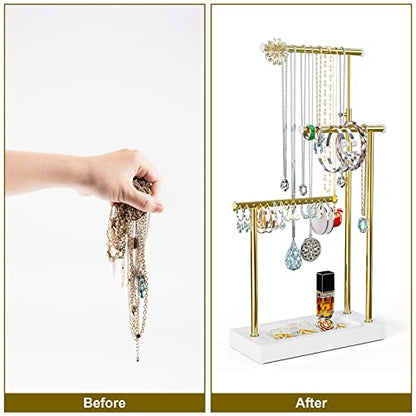 SRIWATANA Jewelry Organizer Display Extra Tall Necklace Holder 3 Tier Jewelry Tree Stand, Gift Idea (White & Gold) | Modern Luxury Jewelry Tree with Wood Base Tray; Ideal to Organize Long Necklaces, Earrings, Rings - color: White & Gold