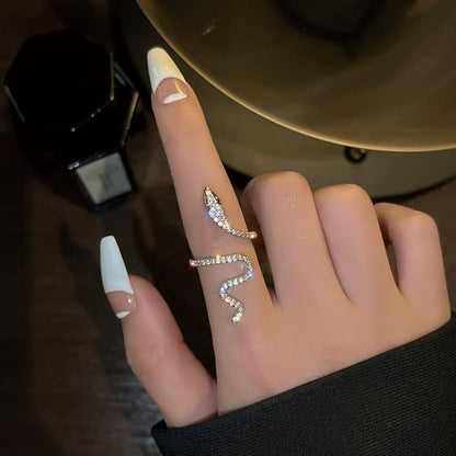 18K Gold Plated Rings for Women and Teen Girls Non Tarnish Cubic Zirconia Fidget Ring Butterfly/Snake/Mesh/Cross/Crown Knuckle Ring Open Adjustable Statement Stacking Chunky Rings - color: Silver Snake