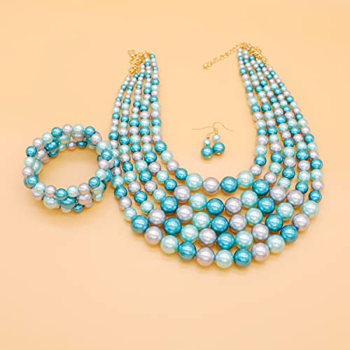 JNF Large Faux Pearl Necklaces for Women Multi strand Pearl Necklace Bracelet and Earrings Set 1920s Costume Pearls Necklace Jewelry Accessories - color: pearl necklace set blue