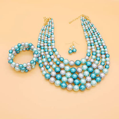 JNF Large Faux Pearl Necklaces for Women Multi strand Pearl Necklace Bracelet and Earrings Set 1920s Costume Pearls Necklace Jewelry Accessories - color: pearl necklace set blue
