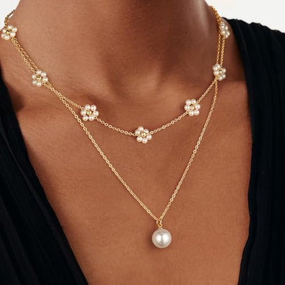 Ritach Pearl Necklaces for Women - Real Gold Plated Dainty Pearl Necklace Daisy Round Drop Pearl Choker Necklace Layered Gold Necklace for Women Teen Girls Bridesmaid Wedding Birthday Gifts - style: Gold-Layered Daisy Pearl