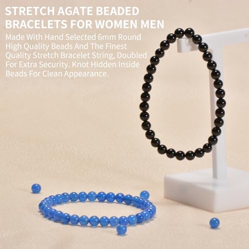 2PCS Agate Bracelet for Women Men Natural Round Beaded Agates Stone Healing Stretch Bracelets Elastic Handmade Polished Gemstone Beads Bracelet - color: Blue+Black, size: 6mm Beads