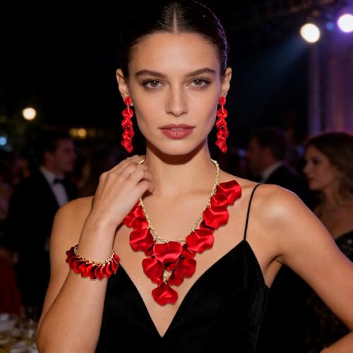 MOLOCH Flower Jewelry Sets for Women Rose Flower Petal Necklace Earrings Bracelets Set Layered Statement Accessories Summer Beach Party Jewelry Gifts - color: Red