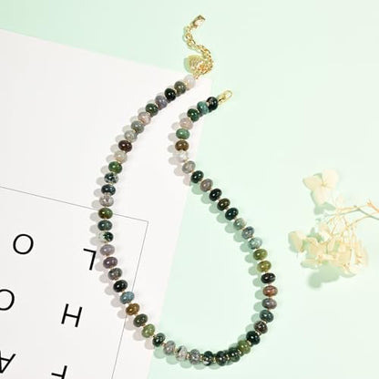 Boho Gemstone Beaded Necklace for Women – Colorful Natural Stone Choker 18K Solid Heart-Shaped Pendant, Summer Beach Jewelry - color: Indian Agate