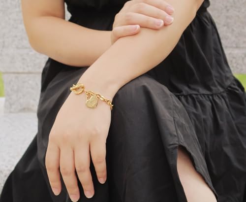 Heart Charm Bracelet Plated 18K Gold/Silver/Rose Gold Bible Scripture Heart Bracelet for Women Jewelry Gift Zircon Her Link Chain OT Clasp Stainless Steel Birthday - color: 18k Gold, size: 9.1 inch