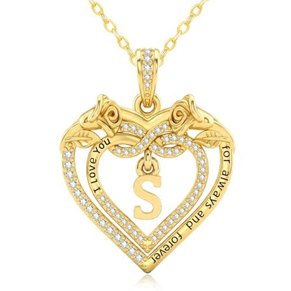 14K Gold Initial Letter Rose Heart Pendant Necklace for Women, Anniversary Birthday Jewelry Gifts for Wife Mom Grandma Sister Daughter, I Love You for Always And Forever - style: 14K Gold-S