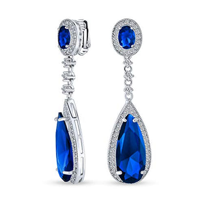 Long Cocktail CZ Halo Teardrop Chandelier Clip On Earrings Silver Plated - color: Blue