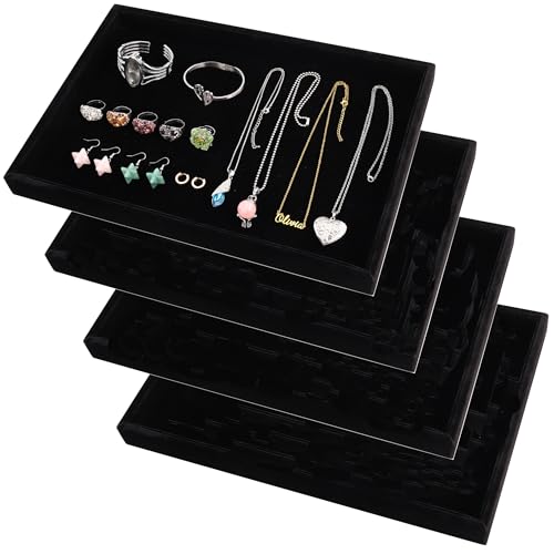 4 Pcs 13.8"x9.5" Velvet Jewelry Tray Jewelry Display Tray Stackable Plate | Jewelry Organizer Trays for Earrings Necklaces Bracelet Rings Display Showcase - Black - color: Black, size: Flat Tray 13.8" x 9.5"
