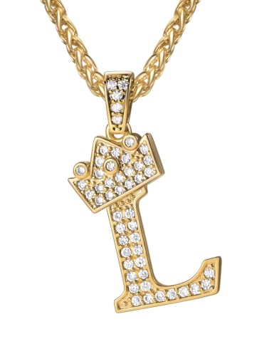 U7 Crown Initial Necklace Men Women, Bling Diamond A-Z 0-9 Letter Pendant with Wheat Chain, Silver/Black/Gold Plated CZ Alphabet Number Hip Hop Jersery for Father Husband - color: a. Gold, size: 12. L