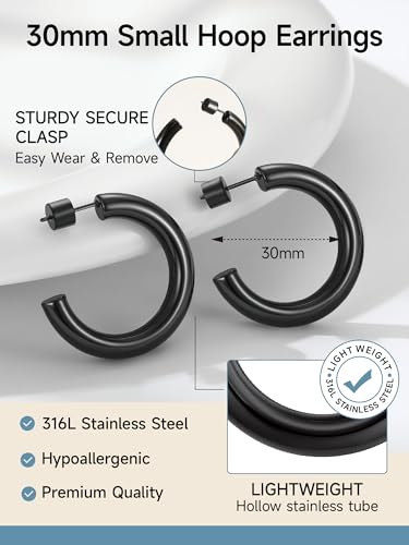 PROSTEEL Chunky Hoop Earrings for Women 14K Gold Plated/Black/Silver | 20/30/40/50/60/70/80mm Stainless Steel Thick Big Round Hoop with Waterproof and Non Tarnish Trendy Jewelry with Gift Box - color: 2. Black, size: 30MM