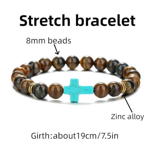 Beaded Bracelets Cross Bracelet for Women Men Lava Rock Turquoise Tiger Eye Natural Bracelet Anxiety Healing - color: 10 Pcs- green cross