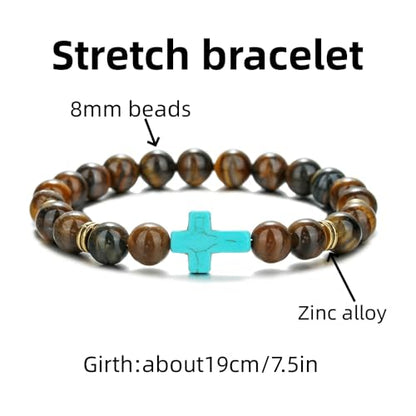 Beaded Bracelets Cross Bracelet for Women Men Lava Rock Turquoise Tiger Eye Natural Bracelet Anxiety Healing - color: 10 Pcs- green cross