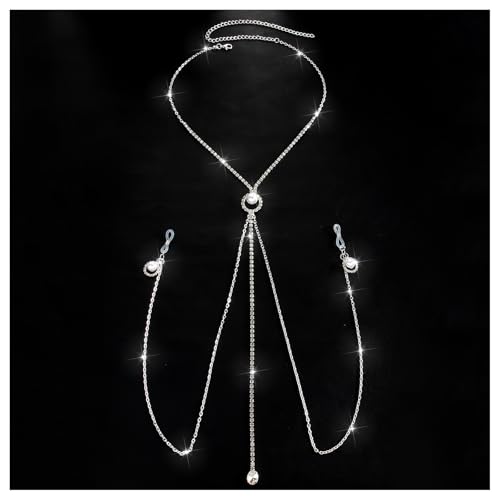 Sexy Rhinestone Pearl Tassel Non Piercing Nipple Chain Jewelry for Women Crystal Drop Chest Chain Festival Rave Nipple Body Jewelry for Party - color: Silver
