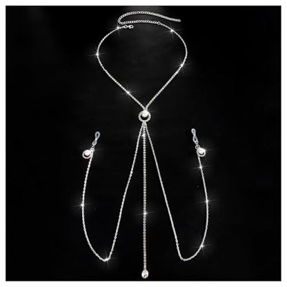 Sexy Rhinestone Pearl Tassel Non Piercing Nipple Chain Jewelry for Women Crystal Drop Chest Chain Festival Rave Nipple Body Jewelry for Party - color: Silver