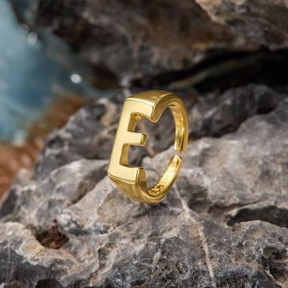 Cicy Bell Initial Rings for Women 18k Gold Plated Adjustable Rings | Open Signet Rings, Bold Letter, Personalized Engraved, For Party - color: Initial-E