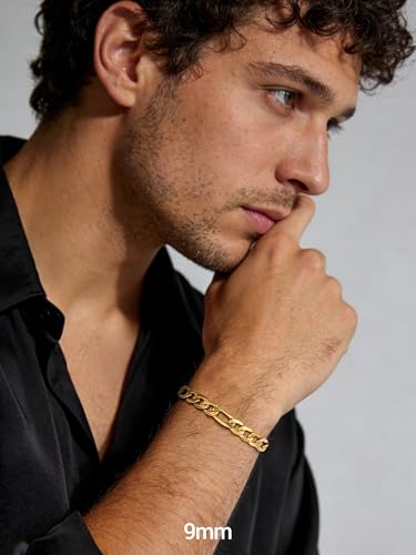 PROSTEEL Bracelets for Men, Figaro/Cuban Mens Bracelet, Silver/Gold/Black | 6/9/13mm Width, 7.5/8.3/9" Length, Stainless Steel Mens Bracelet, Durable & Non Tarnish, Chunky Jewelry with Gift Box - style: B 9mm-Figaro-Gold