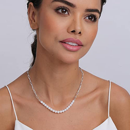 LeCalla 925 Sterling Silver Pearl Necklace Jewelry | Strand Wedding Prom Bridal Pearls Jewelry | Trendy Hypoallergenic Simulated Pearl Pendant Necklace for Women - color: PaperClip Pearl Necklace