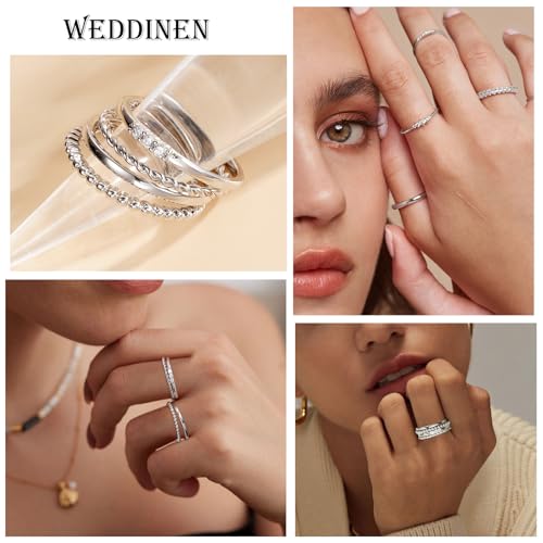 WEDDINEN 4PC Gold Rings for Women, S925 Sterling Silver 14k Gold Filled Plated Stackable Thin Thumb Ring Set Cubic Zirconia Dainty Stack Gold Knuckle Rings Set Size 6-10 - color: Silver, size: 7